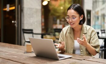 Woman at a laptop on a call