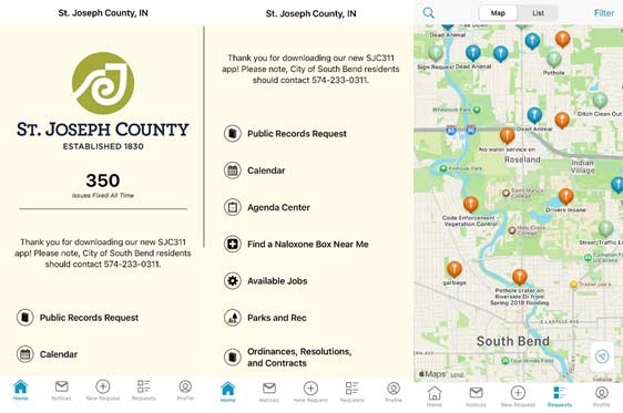 Graphic demonstrating the mobile app view of SeeClickFix311 CRM for St. Joseph County.