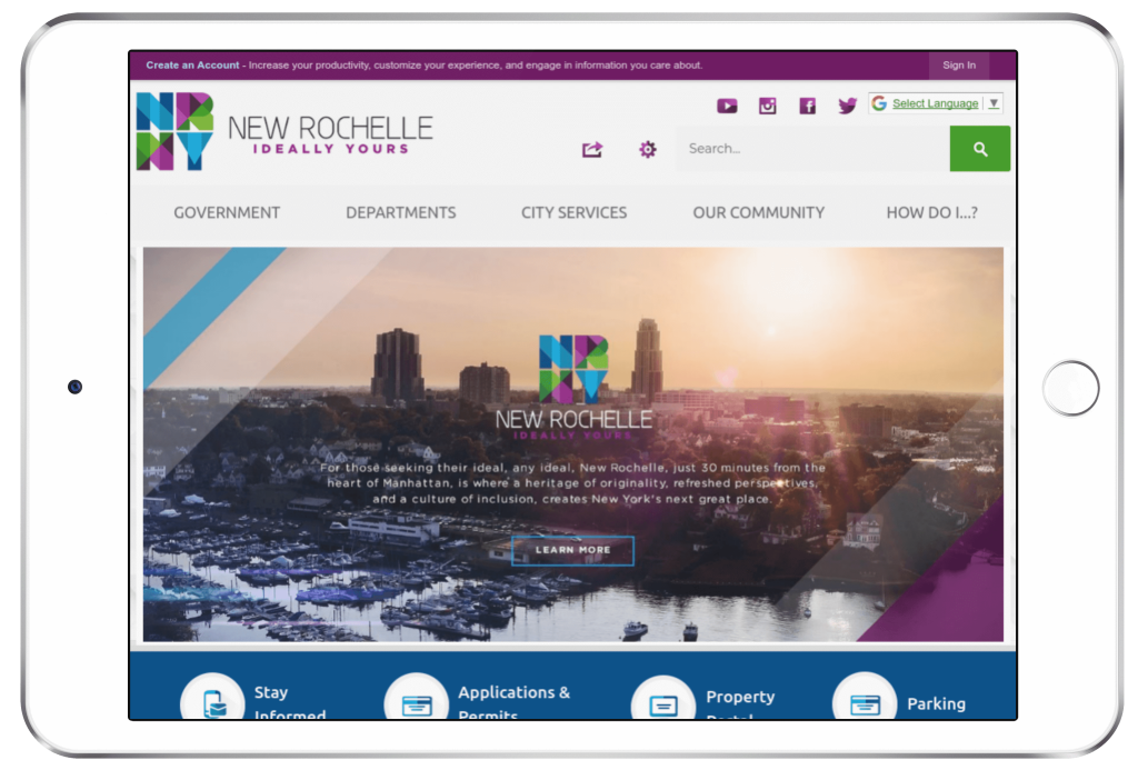 New Rochelle, New York's municipal website displayed on a tablet