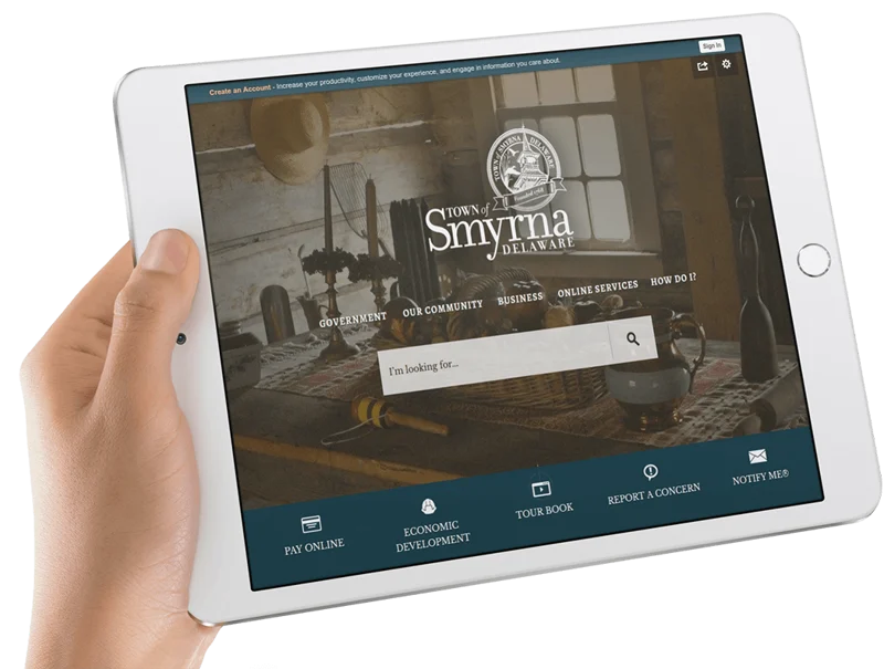 Smyrna, Delaware's website displayed on a white tablet