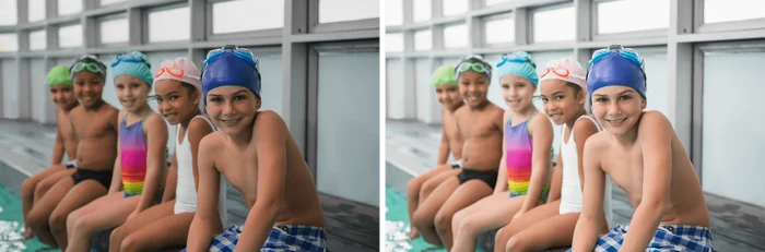 swim team photos side by side - with and without color correction applied