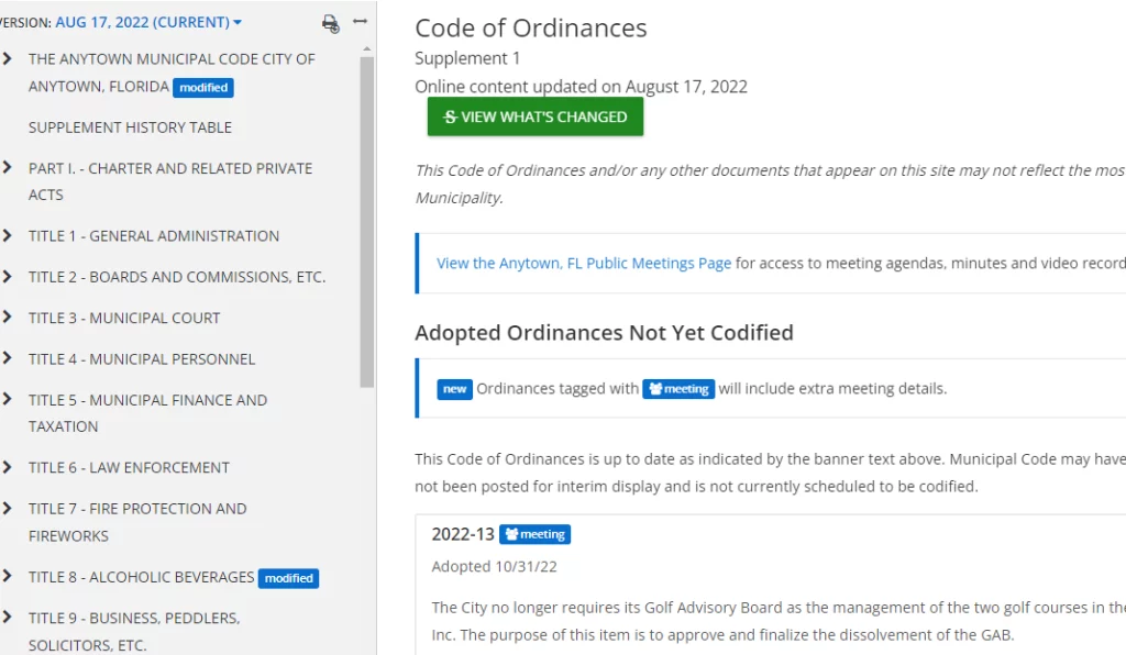 code of ordinances list within CivicPlus software