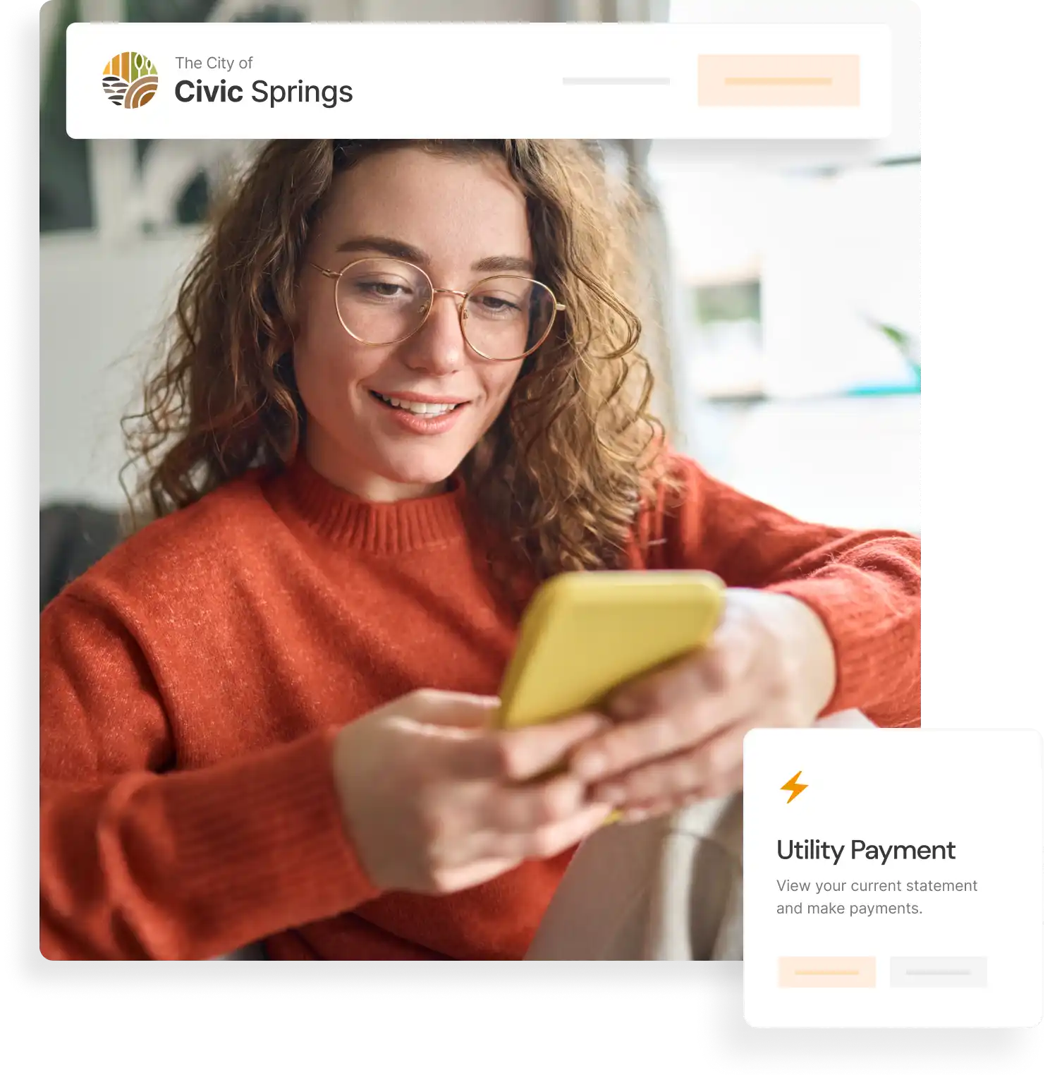 Woman looking at a cell phone with civicplus®KINGKONG 游戏最新消息 software imagery overlayed.