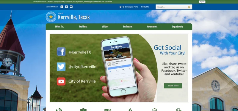 Kerrville, Texas website screenshot - with social media promo photo